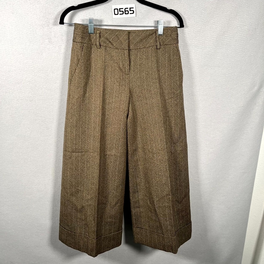 Ann Taylor‎ LOFT Dress Pants Womens 0 Olive Green Striped Wide Leg Cuffed Hem